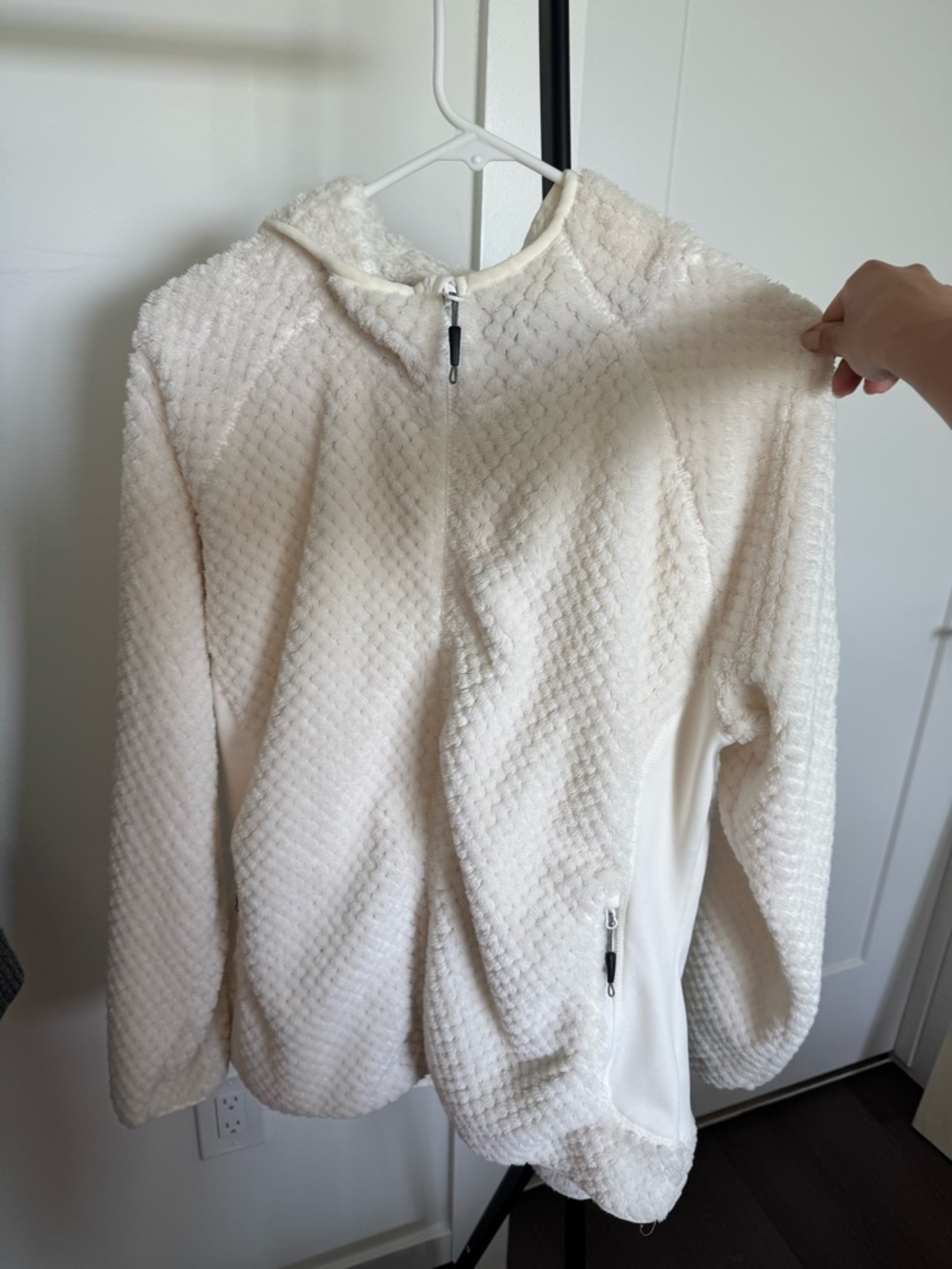 Women's Cream Plush Hooded Teddy Jacket with Zip Pockets